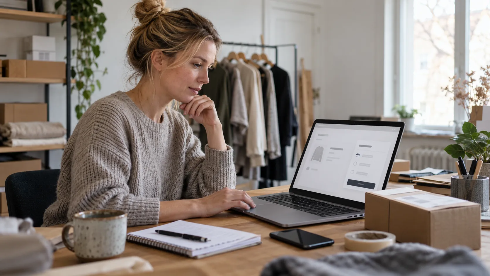 Webbshopsägare arbetar vid dator och jämför betalmetoder för sin webbutik.